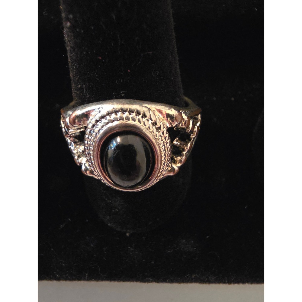 Vintage Silver Tone Black Cabochon Statement Ring Ornate Gothic Boho Size 7.25